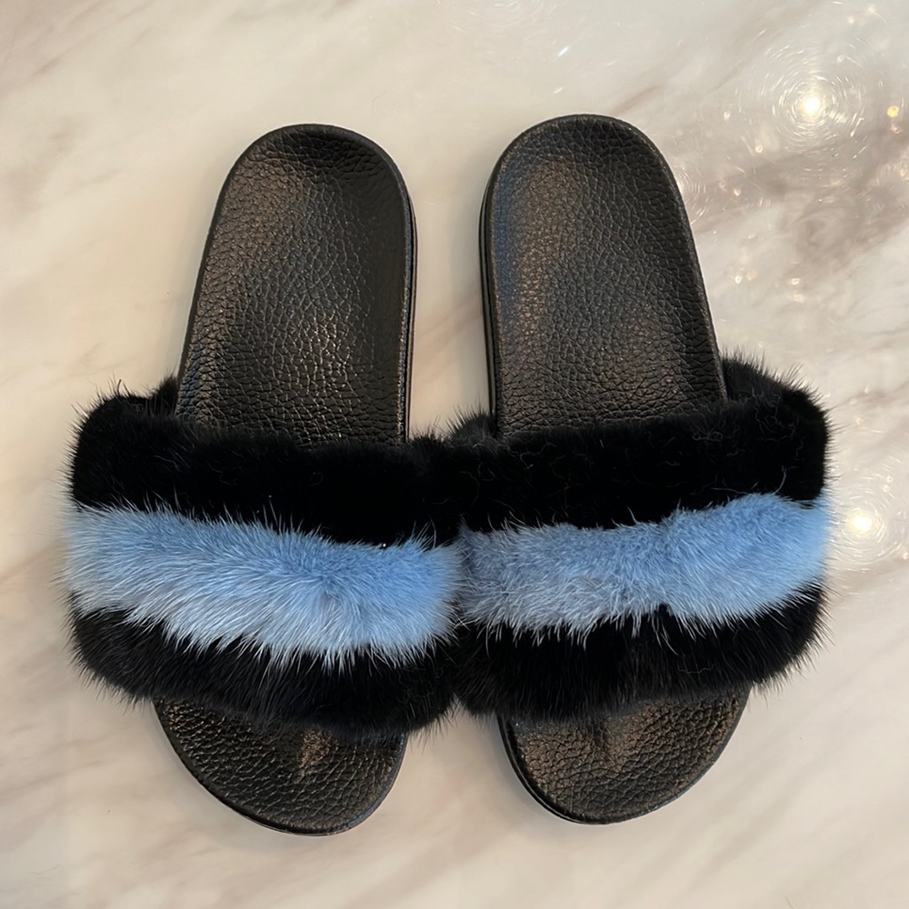 11. Mink Fur Slides- Black & Pale Blue